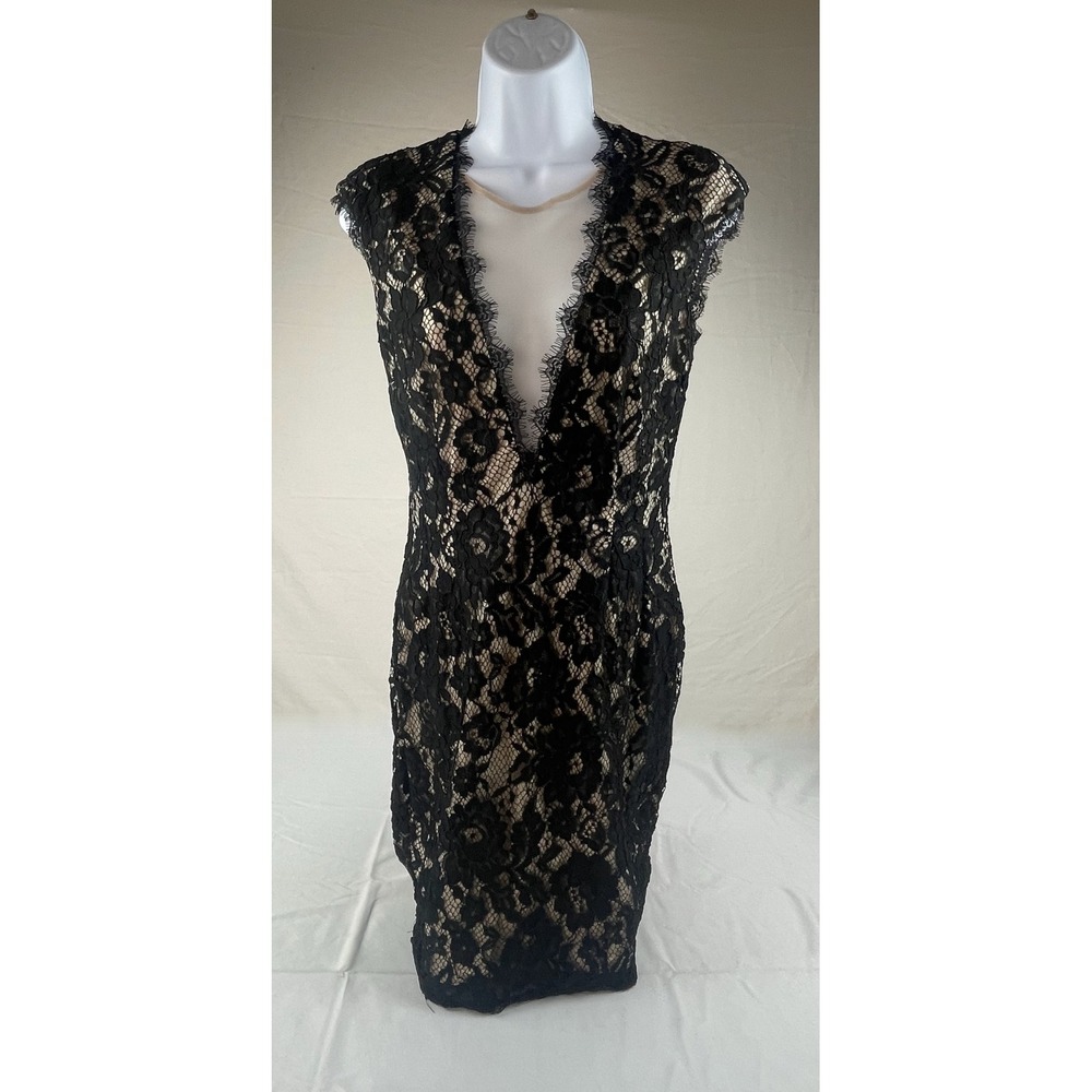Black Floral Lace Deep V-Neck Cocktail Dress Nude Lining Open Back Sheath